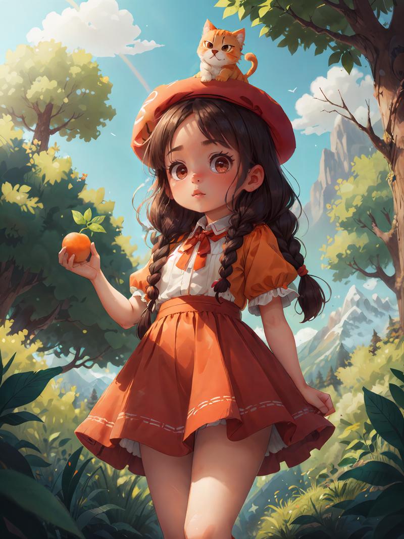 00294-1395665158-A little dark-haired girl with two braids, hair parted in the middle, dark red beret, forest, skirt, sunny day, Alps, rainbow on.png